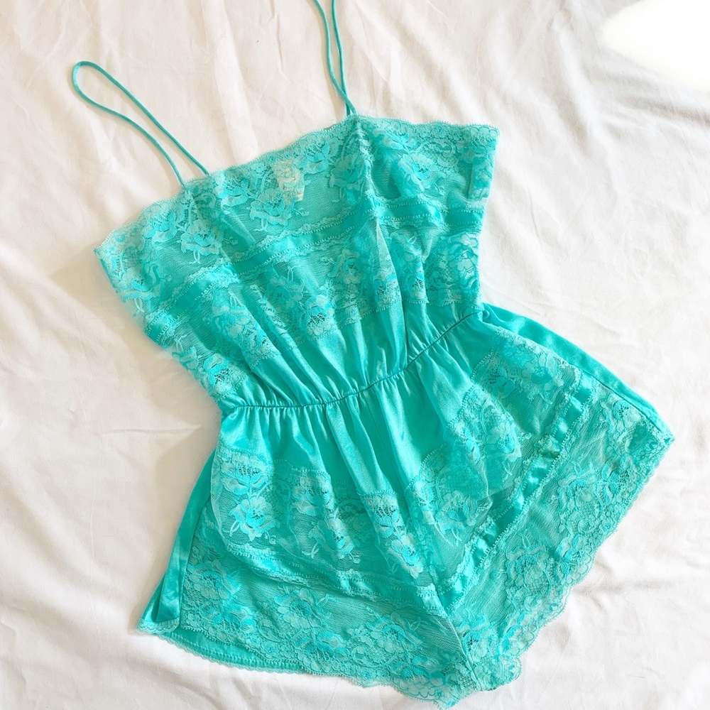 Vintage 80s Aqua Blue Lace Detail Teddy Size XS/S